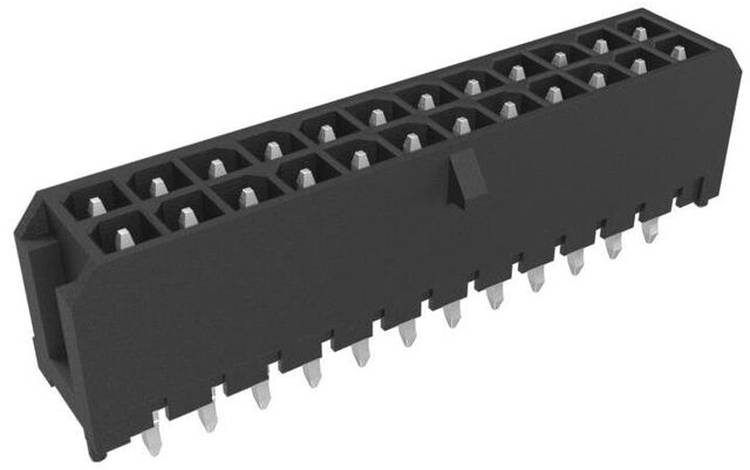 20-poliger weiblicher Steckverbinder mit zwei Reihen rechteckiger Steckplätze und metallischen Kontakten, verwendet für elektronische Schaltungsverbindungen.