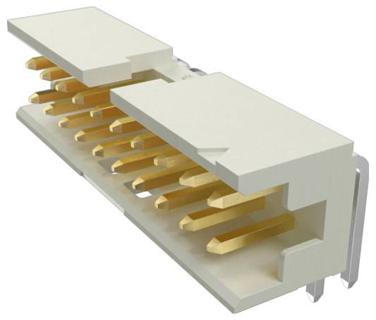 Eine Nahaufnahme eines beigen elektronischen Steckers mit mehreren goldenen Kontaktstiften, die in zwei parallelen Reihen für die Schaltungsintegration angeordnet sind.