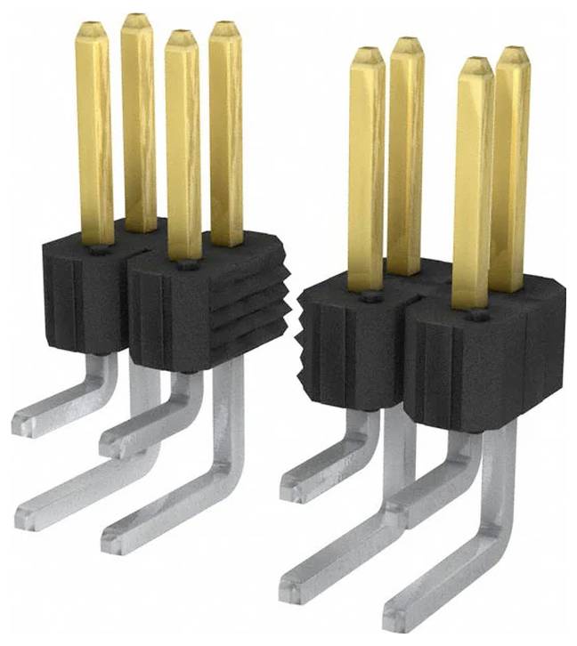 Zwei schwarz-goldene elektronische Stiftverbinder mit je vier geraden metallischen Stiften auf jeder Seite, die zum Verbinden von elektrischen Schaltkreisen verwendet werden.