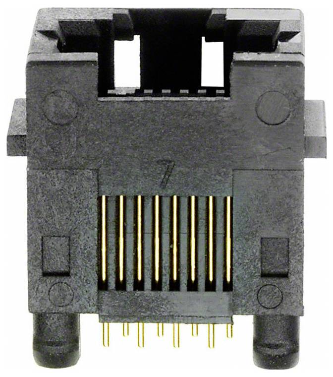 RJ45-Ethernet-Anschluss für Netzwerkkabel, Vorderansicht mit sichtbaren Metallstiften, wird für Internet- und Netzwerkverbindungen verwendet.