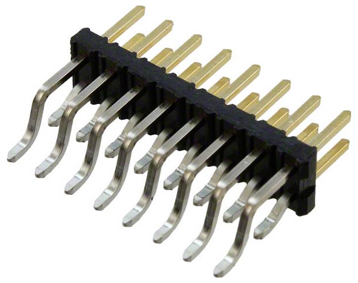 Ein vergoldeter, zweireihiger, abgewinkelter Stiftleisten-Stecker mit 10 Pins für elektrische Verbindungen auf Leiterplatten.