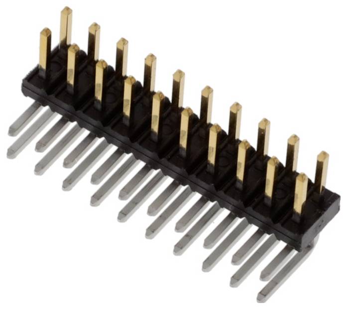 Ein Doppelreihen-Elektronikstecker mit 20 Pins, vergoldeten Kontakten und schwarzem Gehäuse, der zum Verbinden elektronischer Komponenten auf einer Leiterplatte verwendet wird.
