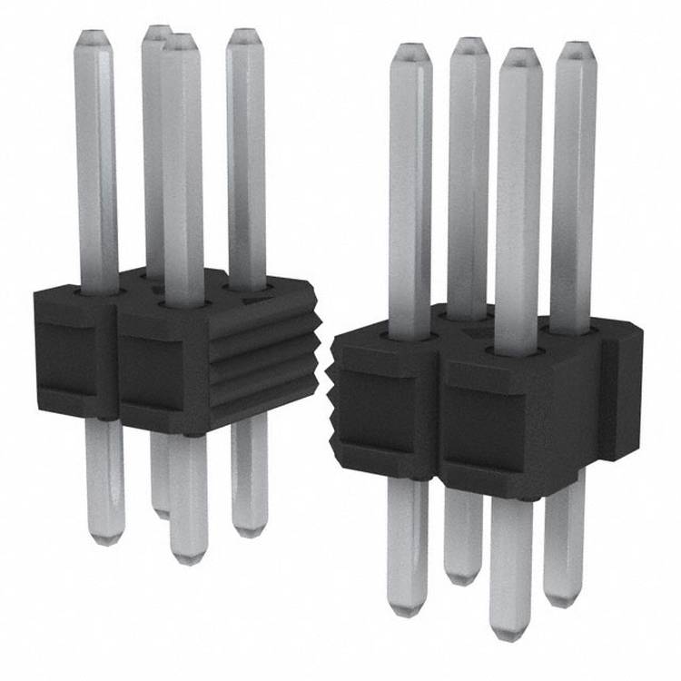 Zwei schwarze Stiftverbinder mit jeweils drei metallischen Stiften, die für elektronische Schaltkreise verwendet werden, nebeneinander auf einem schlichten Hintergrund dargestellt.