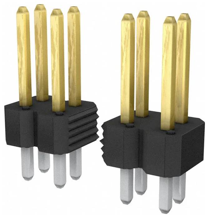 Ein 3D-Modell von zwei vergoldeten Stiftleisten mit schwarzen Kunststoffbasisteilen, dargestellt in vertikaler Position, wobei jede fünf Stifte enthält.