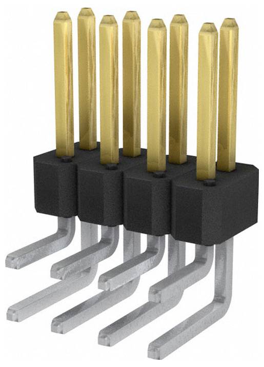 Ein sechspoliger elektronischer Stecker mit vergoldeten Kontakten und schwarzer Kunststoffbasis, ausgestattet mit abgewinkelten Metallbeinen zur Befestigung auf der Leiterplatte.