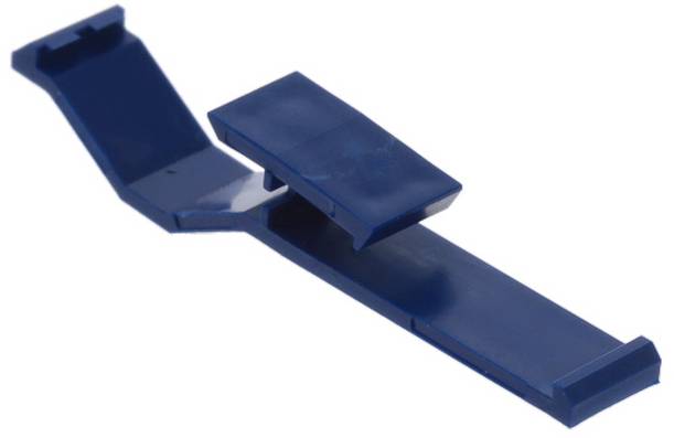 Ein blauer Kunststoff-Dosenöffner mit einfachem Design, bestehend aus einem rechteckigen Griff und einem Hebel zum mühelosen Öffnen von Aluminiumdosentabs.