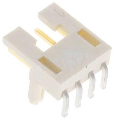Ein weißer rechteckiger Stecker mit vier Metallstiften und zwei Schlitzen, der für elektronische Geräte verwendet wird.