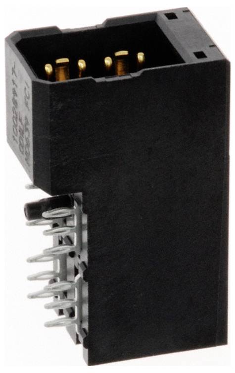 Nahaufnahme eines schwarzen 8-poligen elektronischen Steckers mit Metallkontakten, der zur Integration von Schaltungskomponenten auf einer Leiterplatte verwendet wird.