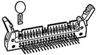 „Diagramm eines Centronics-Steckers mit einer Verriegelungsklemme und einer Schraube, das die Stiftanordnung und die Steckerstruktur zeigt.
