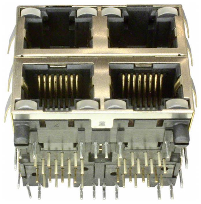 Ein Quad-Port-Ethernet-Anschluss mit sichtbaren Stiften und Buchsen, der in Netzwerkgeräten zur Datenübertragung verwendet wird.