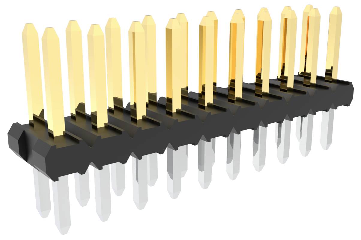 Ein 16-poliger Steckerleisten-Stecker mit vergoldeten Kontakten in zwei Reihen, der für elektrische Verbindungen auf Leiterplatten verwendet wird.