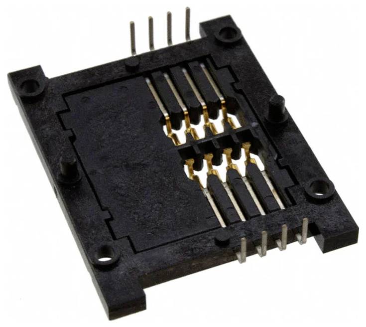 Prüfsockel für integrierte Schaltkreise, mit Metallstiften und Verbindungen. Wird zum Testen und Programmieren von Chips verwendet.