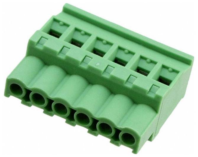 Ein grüner Block-Terminal-Stecker mit sechs Öffnungen und Push-in-Drahteinführungsmechanismus.