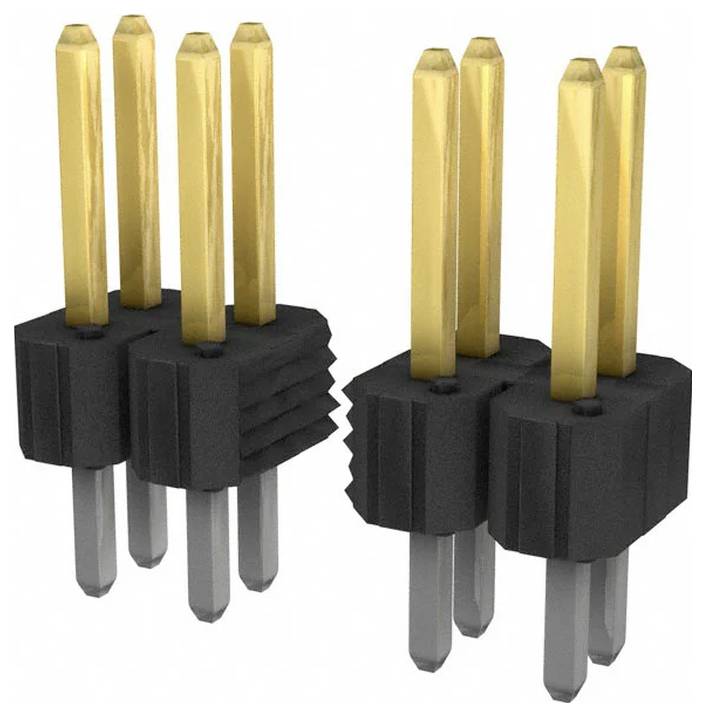 Zwei vier-polige vergoldete elektronische Stecker mit schwarzem Kunststoffgehäuse, konstruiert für Leiterplattenverbindungen.