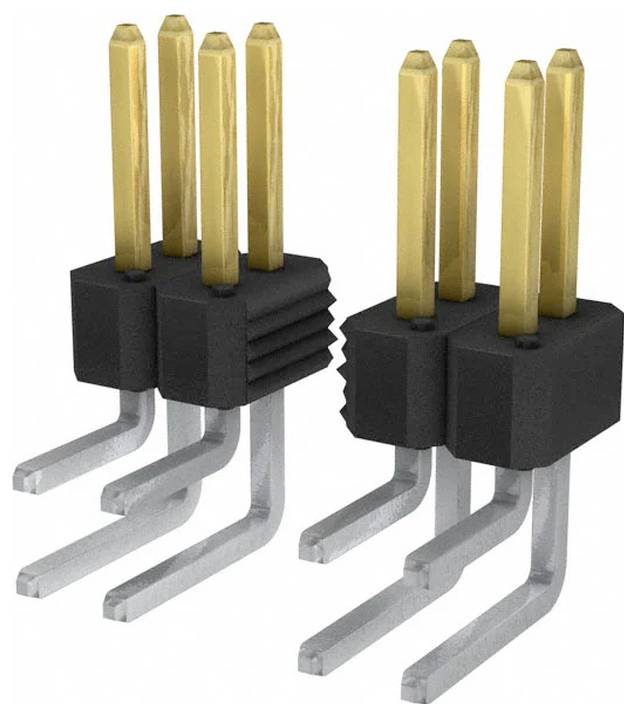 Zwei Sätze vergoldeter elektrischer Stifte mit schwarzen Kunststoffbasen und silbernen abgewinkelten Beinen für Leiterplattenbefestigungen.