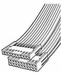 Eine Illustration von zwei parallelen Flachbandkabeln mit mehreren Drähten und Steckverbindern, die die Montage von elektrischen Verdrahtungskomponenten zeigt.