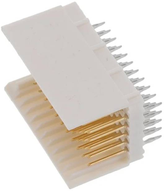 Ein weißer und kupferner elektronischer Steckverbinder mit mehreren Stiften, die in zwei parallelen Reihen angeordnet sind und zum Verbinden von Schaltkreisen oder Komponenten verwendet werden.