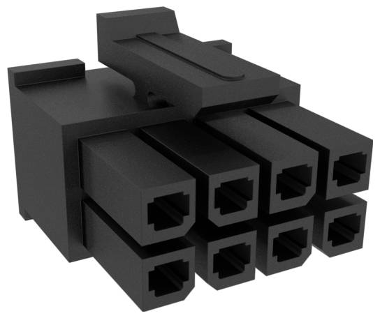 Ein schwarzer Stecker mit sechs rechteckigen Schlitzen, üblicherweise in Computerhardware für Stromversorgungsverbindungen verwendet.
