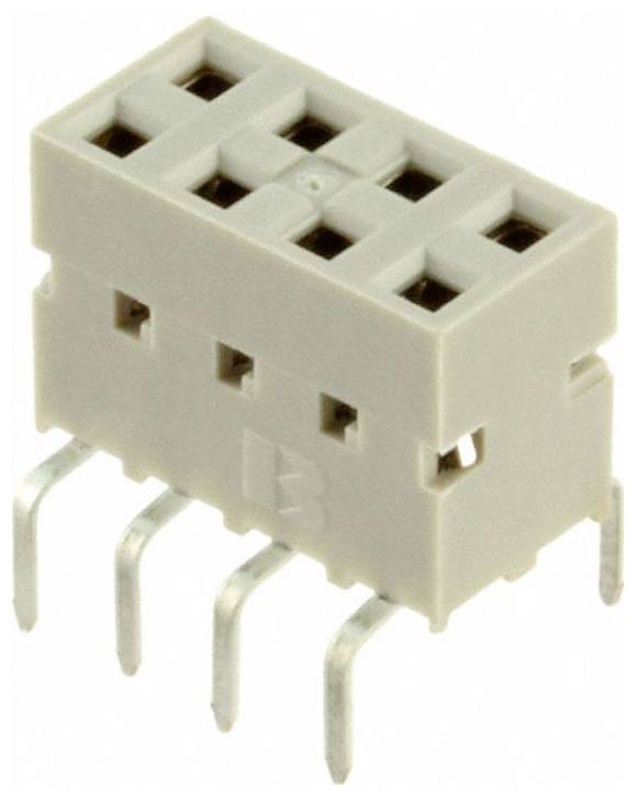 Ein 8-poliger rechteckiger Elektrostecker mit Kunststoffgehäuse und Metallkontakten, der zum Verbinden elektronischer Komponenten verwendet wird.