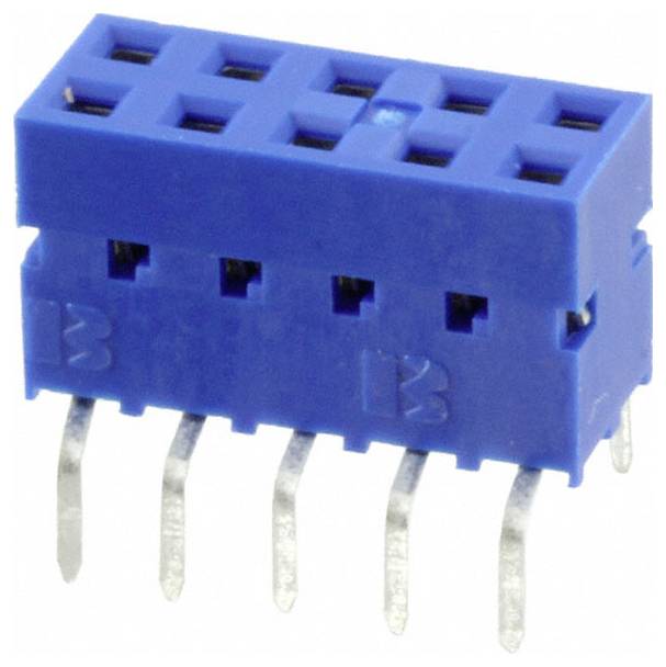 Blauer 2x3-Buchsenleistenverbinder mit sechs Metallstiften im Winkel für den Einsatz, der zum Verbinden elektronischer Komponenten auf einer Leiterplatte verwendet wird.