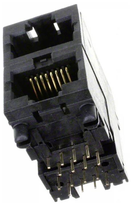 Ein weißer zweireihiger Stiftkopf-Steckverbinder mit zahlreichen Metallstiften für elektronische Verbindungen, aus einem Winkel betrachtet.