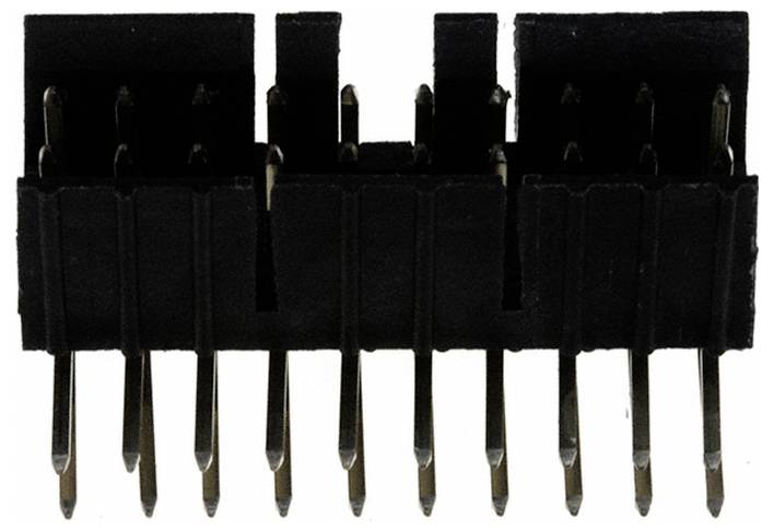 Schwarzer Kunststoff-Elektronikstecker mit mehreren Metallstiften, von der Stiftseite aus betrachtet, wird zum Verbinden elektronischer Komponenten verwendet.