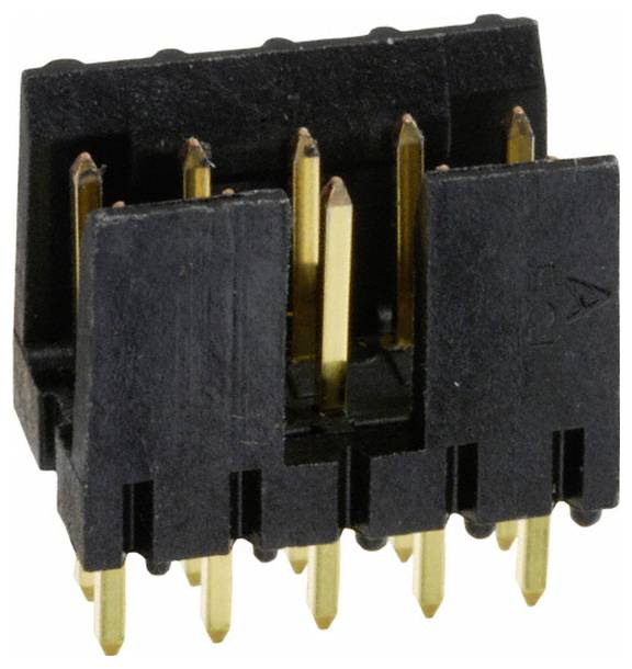 Ein Steckerleistenpaar mit vergoldeten Stiften in einem Kunststoffgehäuse, das für elektrische Verbindungen auf Leiterplatten verwendet wird.