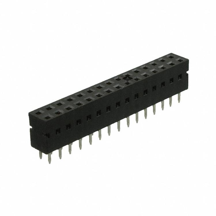 Ein schwarzer 20-poliger Dual-Row-Steckverbinder mit Metallkontakten, typischerweise zum Verbinden elektronischer Komponenten auf einer Leiterplatte verwendet.