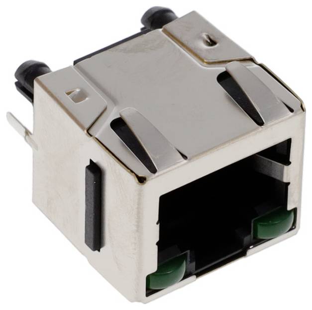 Ein metallischer USB-Typ-A-Buchsenport, dargestellt in einer schrägen Ansicht, die seine rechteckige Form und vier interne Anschlüsse hervorhebt.