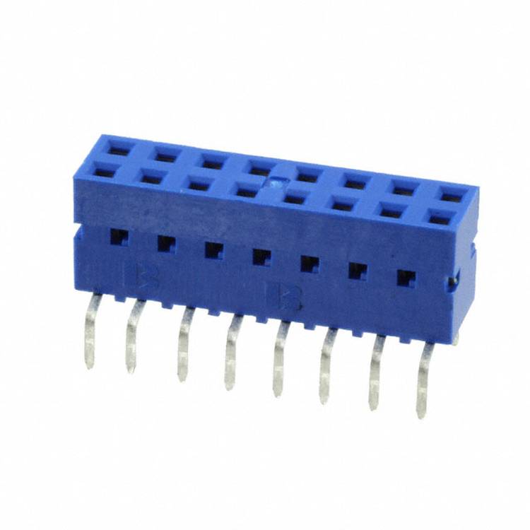 Ein blauer, rechteckiger 10-poliger weiblicher Stecker mit Pins unten, verwendet für elektronische Leiterplatten.