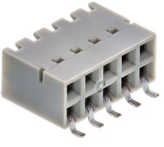 Ein sechspoliger grauer Elektrostecker mit Metallkontakten, die in zwei Reihen angeordnet sind.