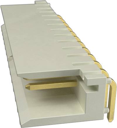 Eine Nahaufnahme eines grau-goldenen elektrischen Steckers, die seine Stiftausrichtung und kastenförmige Struktur zeigt.