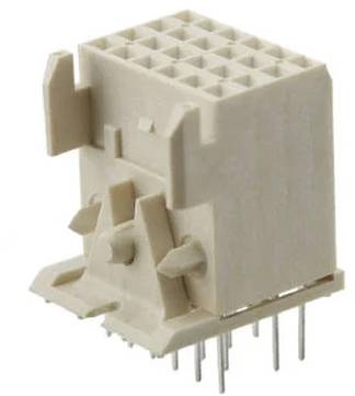 Eine beige, würfelförmige elektronische Komponente mit mehreren Metallstiften, die von der Unterseite abstehen, geeignet für die Integration auf einer Leiterplatte.