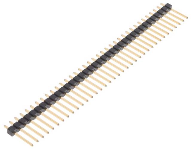 Eine Reihe von geraden Stiftleisten für Männchen mit vergoldeten Stiften und einer schwarzen Kunststoffbasis, die für elektrische Verbindungen auf Leiterplatten verwendet werden.