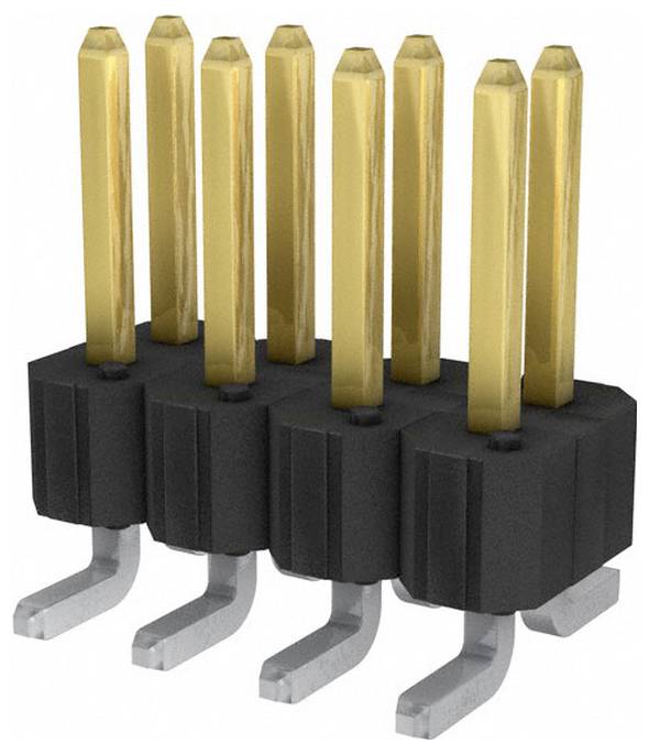 Eine Reihe von goldfarbenen Stiftleisten, montiert auf einer schwarzen Kunststoffbasis mit gebogenen metallischen Steckverbindern darunter, typischerweise für elektronische Schaltkreise verwendet.
