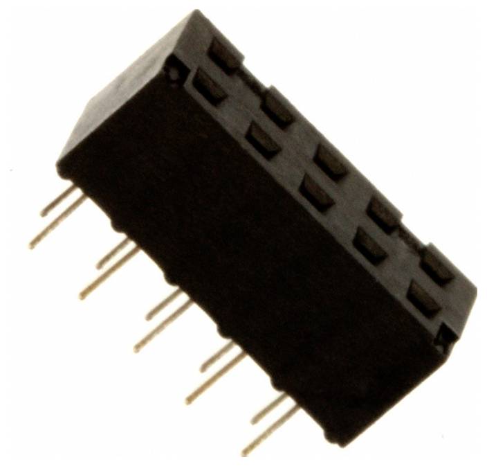 Eine schwarze rechteckige elektronische Komponente mit mehreren Metallstiften, die sich von der Unterseite erstrecken und für Schaltkreisverbindungen verwendet werden.