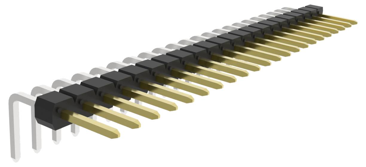 Rechtwinkliger Stiftleisten-Stecker mit zwei Reihen vergoldeter Stifte, die horizontal abstehen, konstruiert für die Befestigung auf Leiterplatten.