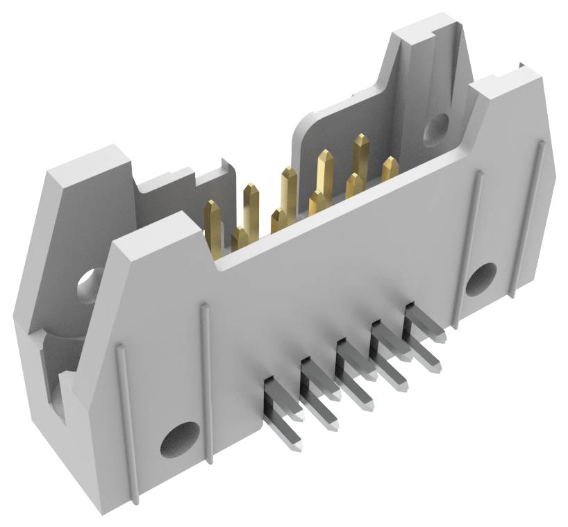 Weißer Kunststoff-Elektronikstecker mit goldenen Kontakten und Metallzacken, zeigt Seiten- und Bodenansicht für Befestigung und Konnektivität.