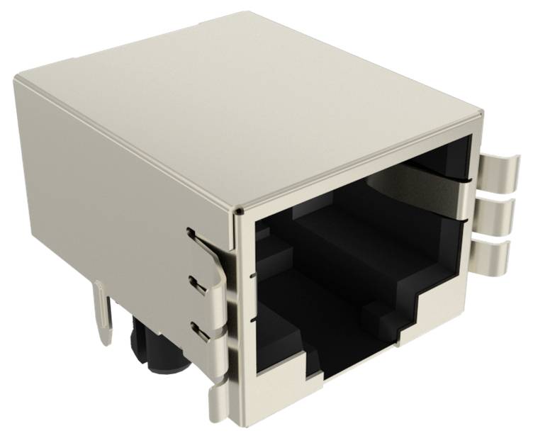 RJ45-Ethernet-Anschluss, metallisch und rechteckig, mit sichtbaren internen Kontakten. Wird für Netzwerkkabelverbindungen verwendet.