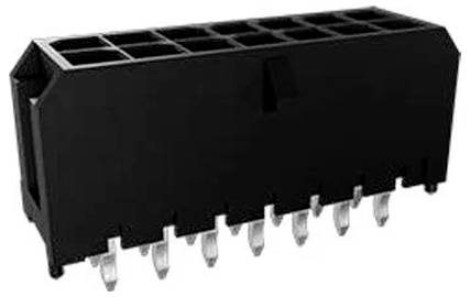 Ein schwarzer rechteckiger Kunststoff-Elektronikstecker mit acht Metallstiften unten zur Befestigung auf einer Leiterplatte.