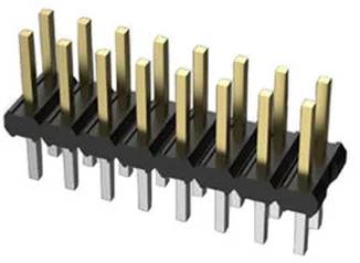 Ein Dual-Row-Stiftleisten-Stecker mit vergoldeten Stiften und schwarzem Kunststoffsockel, üblicherweise zum Verbinden von Leiterplatten in der Elektronik verwendet.