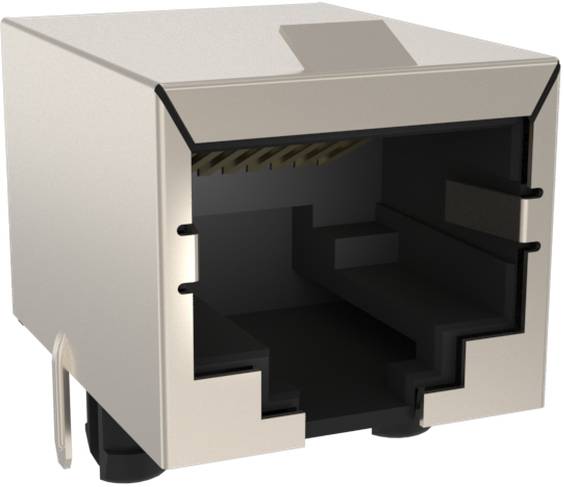 Eine Nahaufnahme eines Ethernet-Anschlusses, die die Verbindungsstifte und die innere Struktur zeigt, konzipiert für das Einstecken von Netzwerkkabeln.