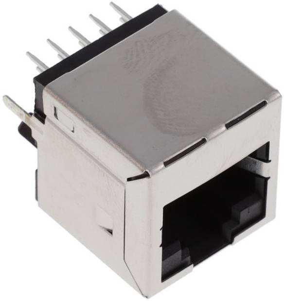 Eine Nahaufnahme eines Ethernet-Anschlusses, die sein Metallgehäuse und acht Steckkontaktstifte oben für Netzwerkabelverbindungen zeigt.