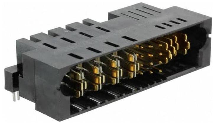 Ein schwarzer Elektrostecker mit mehreren goldenen Kontakten, entwickelt für Verbindungen in elektronischen Schaltkreisen.