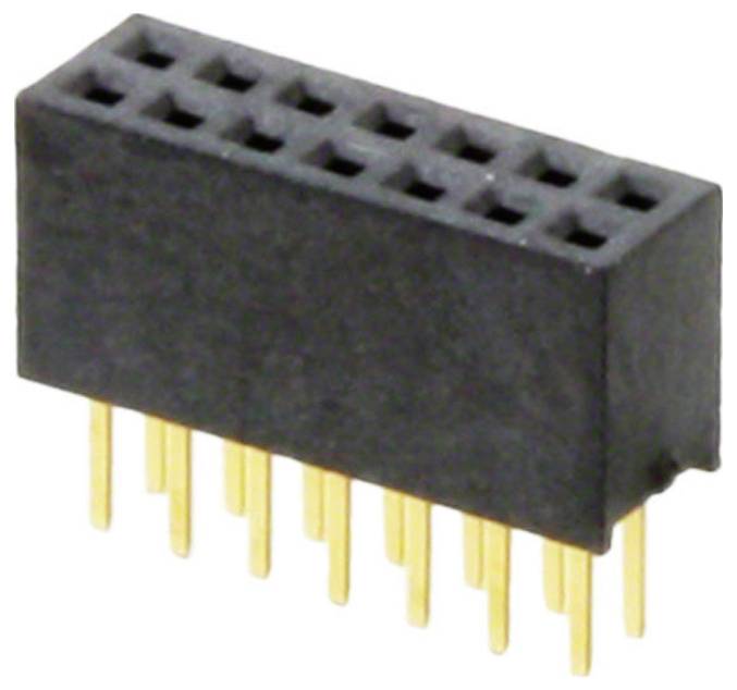 Ein schwarzer, rechteckiger weiblicher Stiftleisten-Stecker mit zwei Lochreihen oben und vergoldeten Stiften, die von unten zur elektronischen Schaltungsverbindung herausragen.