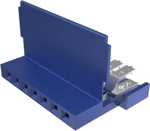 Eine blaue Kunststoffkomponente mit mehreren Metallverbindungen auf einer Seite, die für die elektrische Verdrahtung oder Schaltungsbestückung verwendet wird.