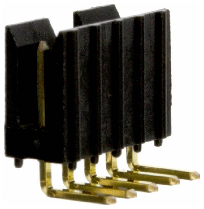 Rechtwinkliger Stiftleisten-Stecker mit fünf vergoldeten Stiften und schwarzem Kunststoffgehäuse, verwendet für elektrische Verbindungen auf Leiterplatten.