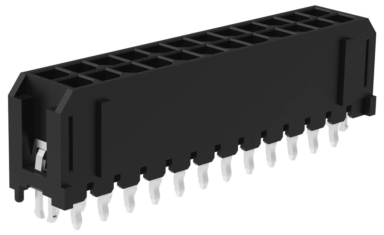 Ein schwarzer zweireihiger Stecker mit 20 Anschlüssen, der für elektronische Schaltungsverbindungen verwendet wird, ist in einer Winkelansicht mit seinen silbernen Pins dargestellt.