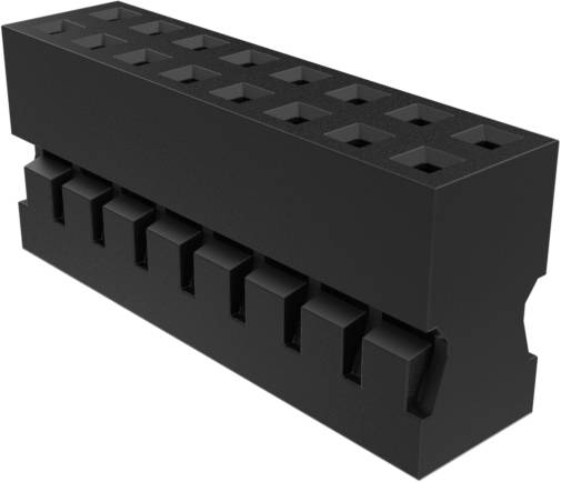 Ein schwarzer, rechteckiger Mehrfach-Steckverbinder mit zwei Reihen von Steckplätzen oben und Seitenrillen, verwendet für elektronische Verbindungen oder Kabelverbindungen.