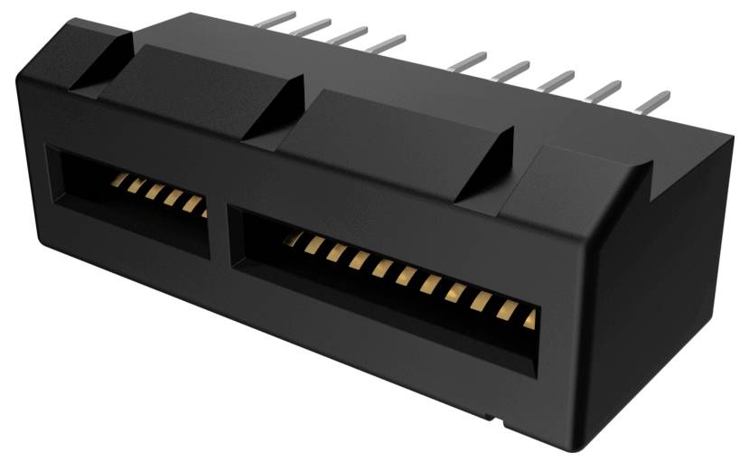 Ein schwarzer Kunststoff-Elektrostecker mit mehreren Metallstiften und zwei Reihen von goldfarbenen Kontakten in zwei rechteckigen Buchsen.